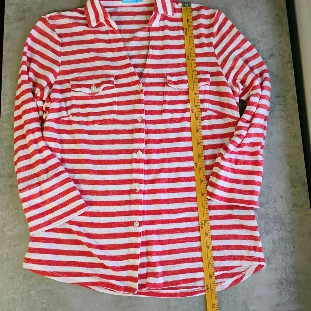 J McLaughlin Top Womens XS Pink White Brynn Stripes Linen Preppy Classic Coastal